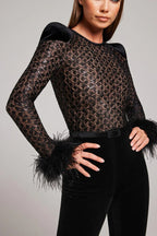 Alessia - Women's Velvet Flared Jumpsuit with Feather Cuffs