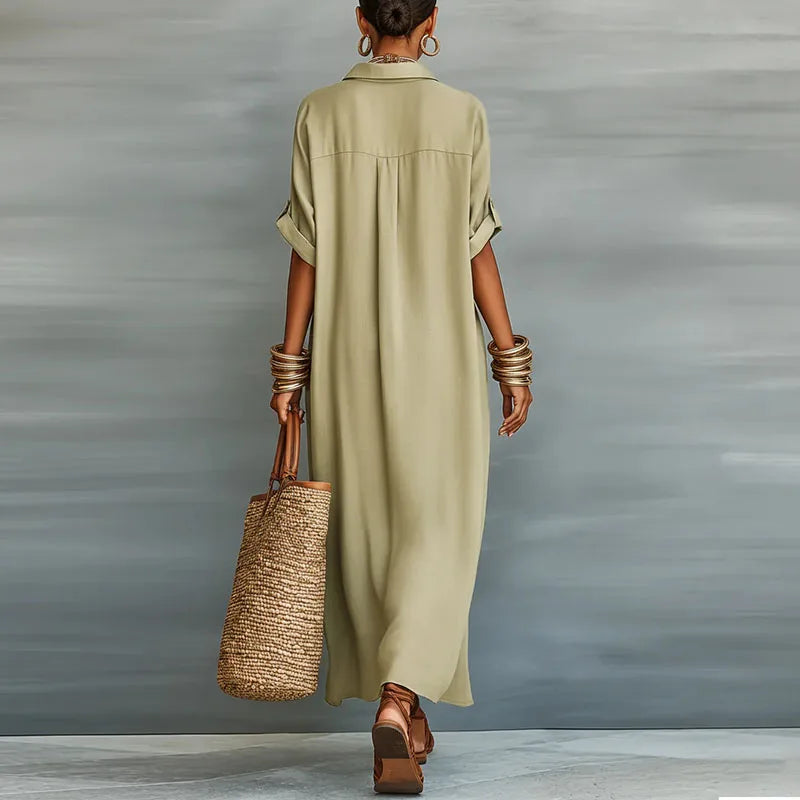 Women's Sage Linen Shirt Maxi Dress - Contrast Placket