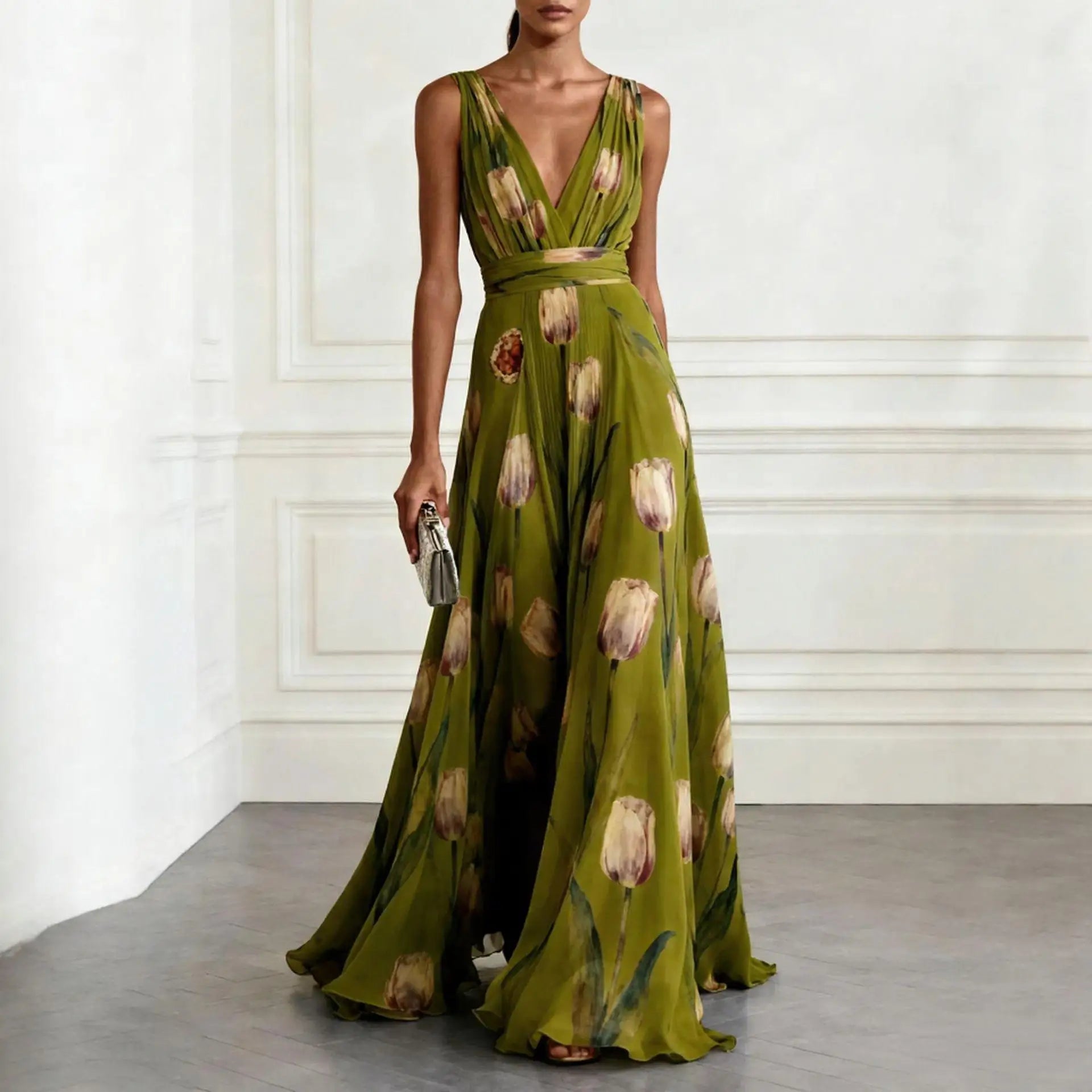 Women's Blue Tulip Print Chiffon Maxi Gown - V-Neck