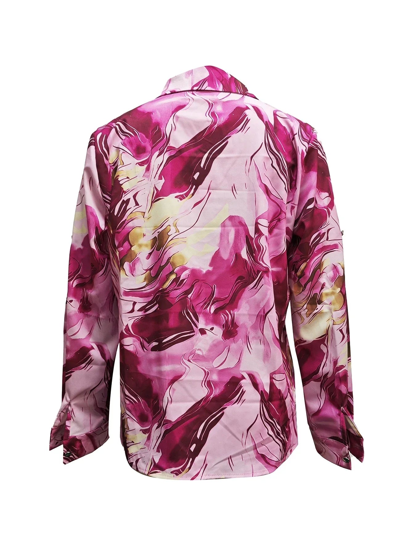 Women's Pink Marble Print Satin Shirt - Classic Collar Long Sleeve