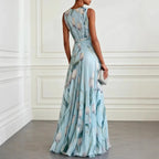 Women's Blue Tulip Print Chiffon Maxi Gown - V-Neck