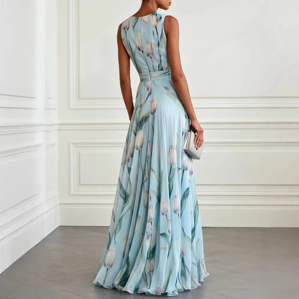 Women's Blue Tulip Print Chiffon Maxi Gown - V-Neck