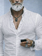 Men's Textured Cotton Band-Collar Shirt
