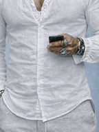 Men's Textured Cotton Band-Collar Shirt