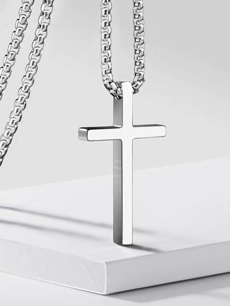 Men's Silver Cross Pendant Layered Necklace