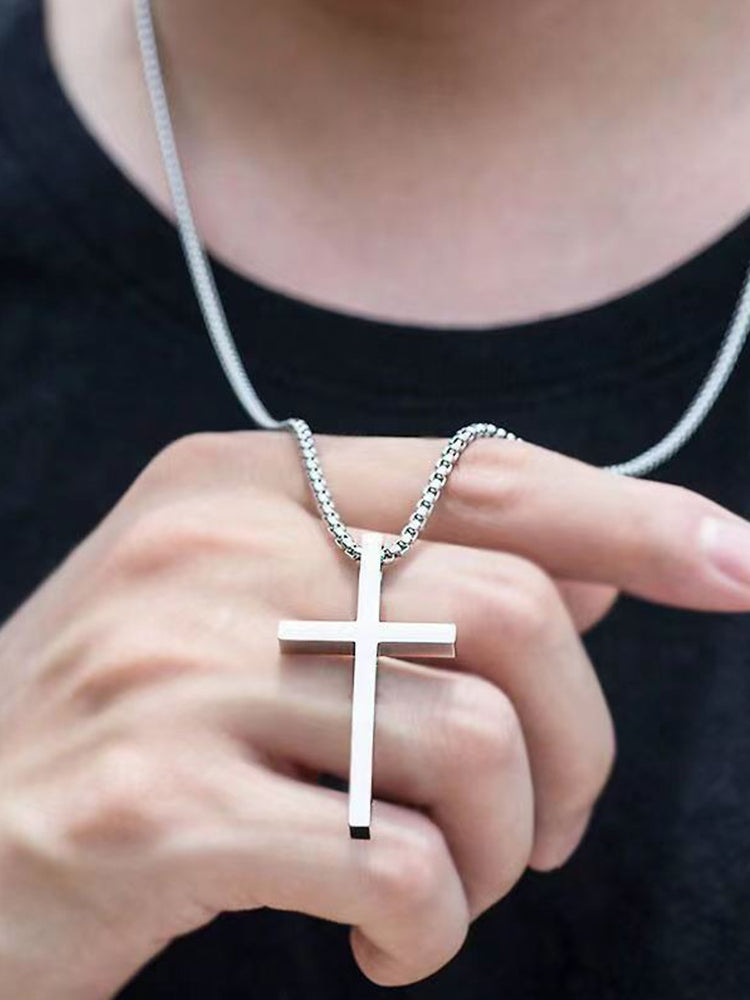 Men's Silver Cross Pendant Layered Necklace
