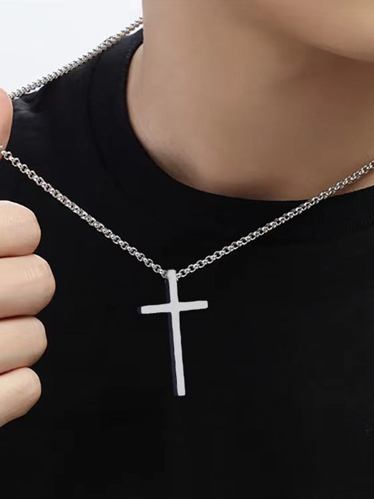 Men's Silver Cross Pendant Layered Necklace