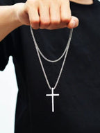 Men's Silver Cross Pendant Layered Necklace