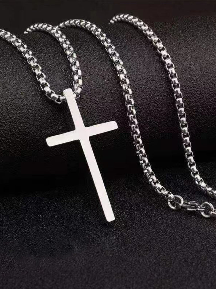 Men's Silver Cross Pendant Layered Necklace