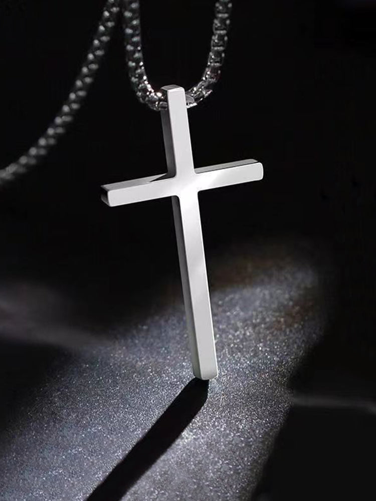Men's Silver Cross Pendant Layered Necklace