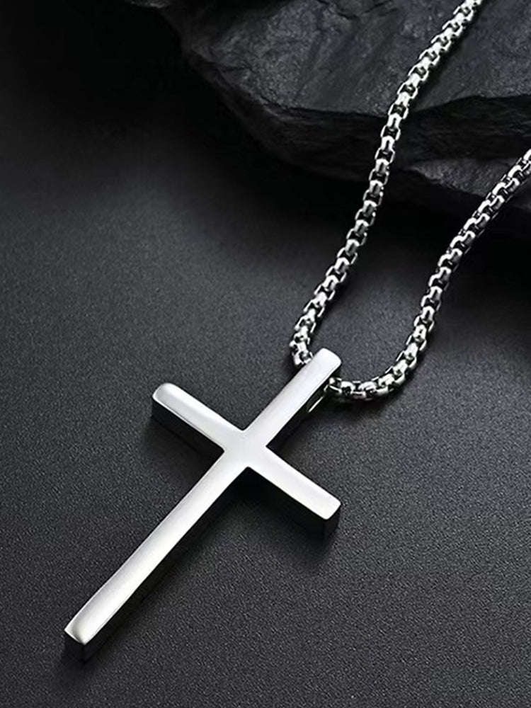 Men's Silver Cross Pendant Layered Necklace