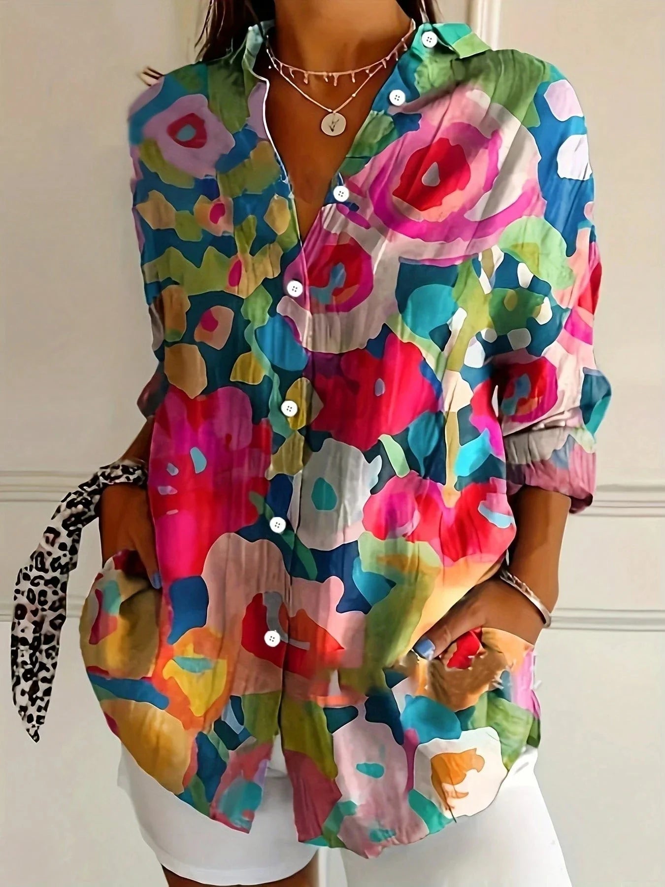 Women's Colorful Print Blouse - Playful Pattern Long Sleeve Blouse