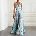 Women's Blue Tulip Print Chiffon Maxi Gown - V-Neck
