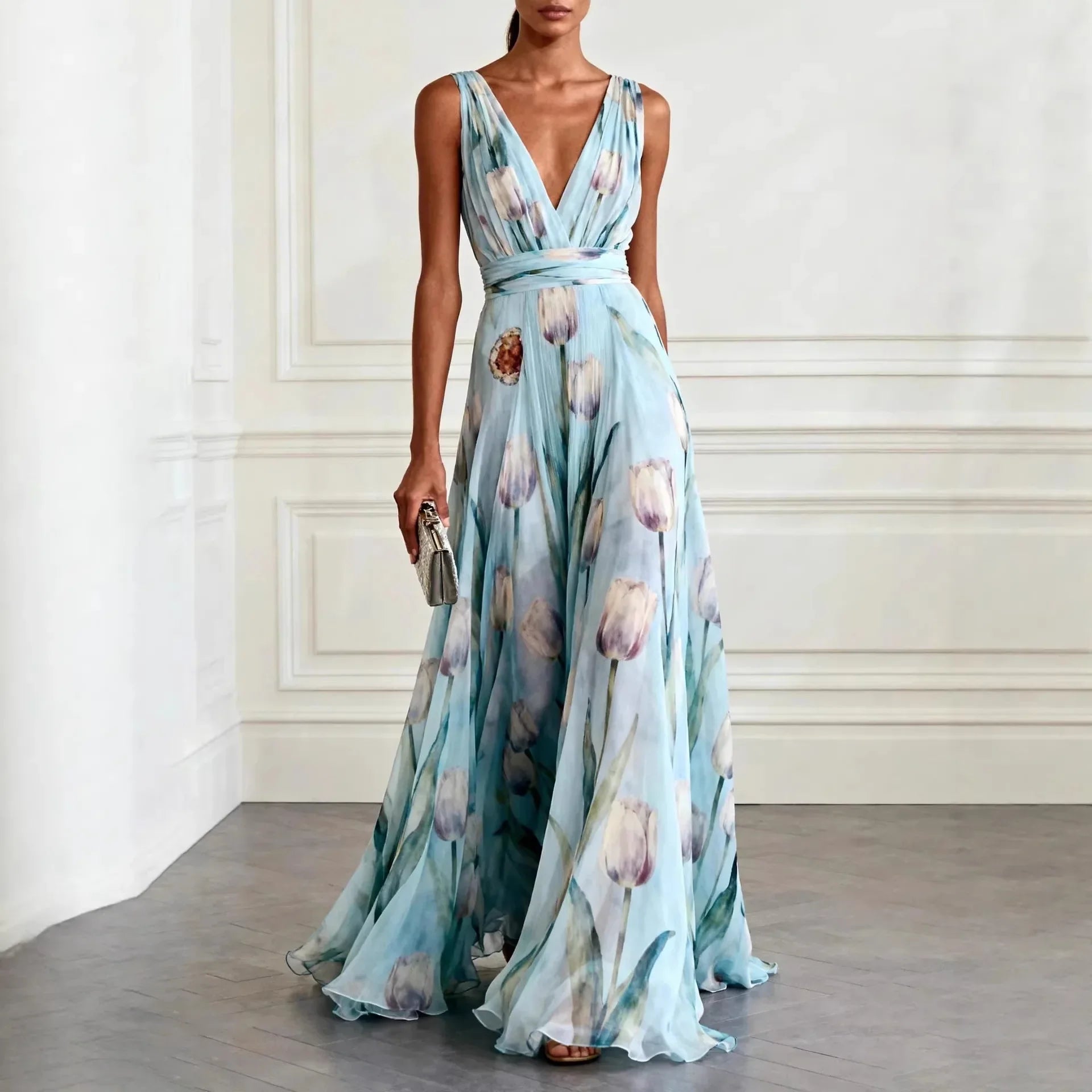 Women's Blue Tulip Print Chiffon Maxi Gown - V-Neck