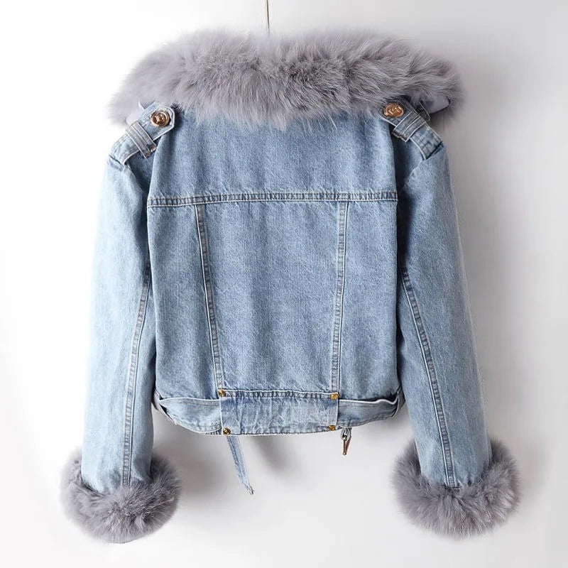 Margaux - Women's Fur-Trimmed Cropped Denim Coat