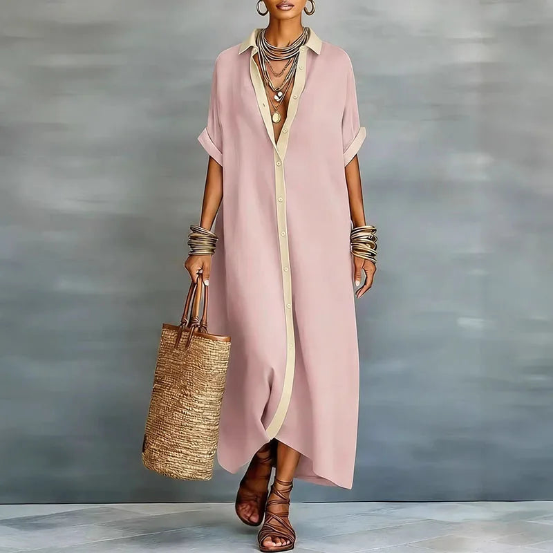Women's Sage Linen Shirt Maxi Dress - Contrast Placket