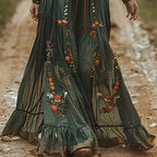 Women's Bohemian Embroidered Maxi Dress with Belt - Teal