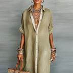 Women's Sage Linen Shirt Maxi Dress - Contrast Placket