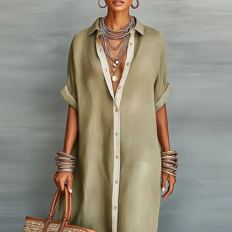 Women's Sage Linen Shirt Maxi Dress - Contrast Placket