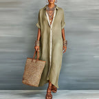 Women's Sage Linen Shirt Maxi Dress - Contrast Placket