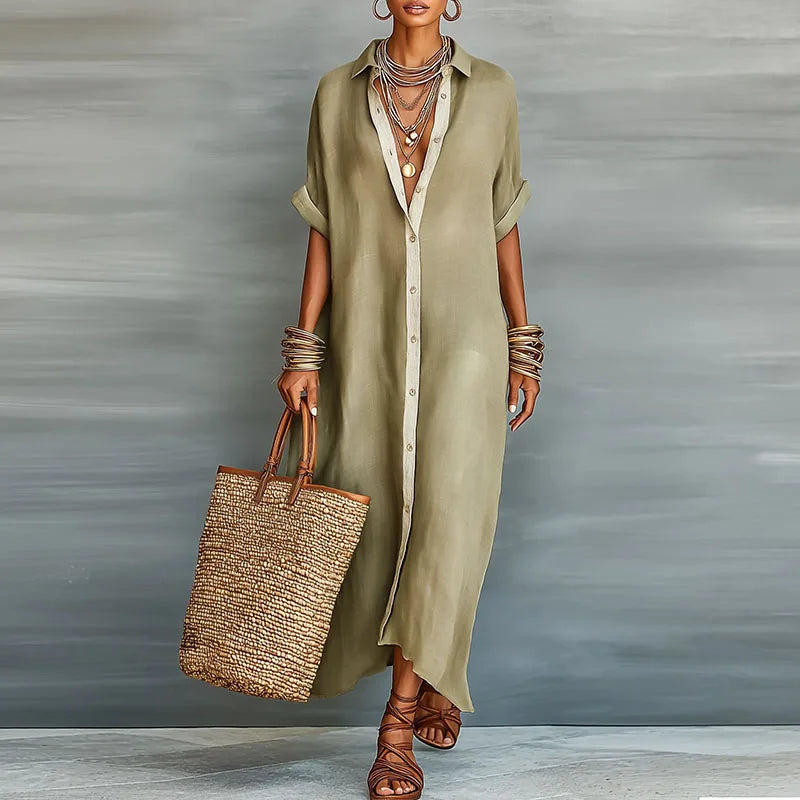 Women's Sage Linen Shirt Maxi Dress - Contrast Placket