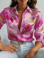 Women's Pink Marble Print Satin Shirt - Classic Collar Long Sleeve