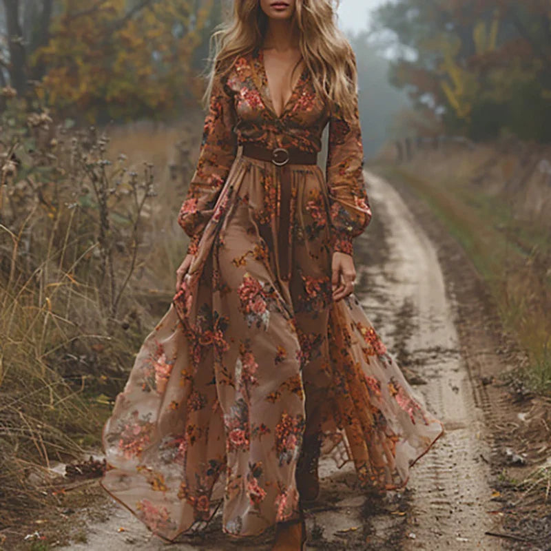 Women's Bohemian Embroidered Maxi Dress with Belt - Teal