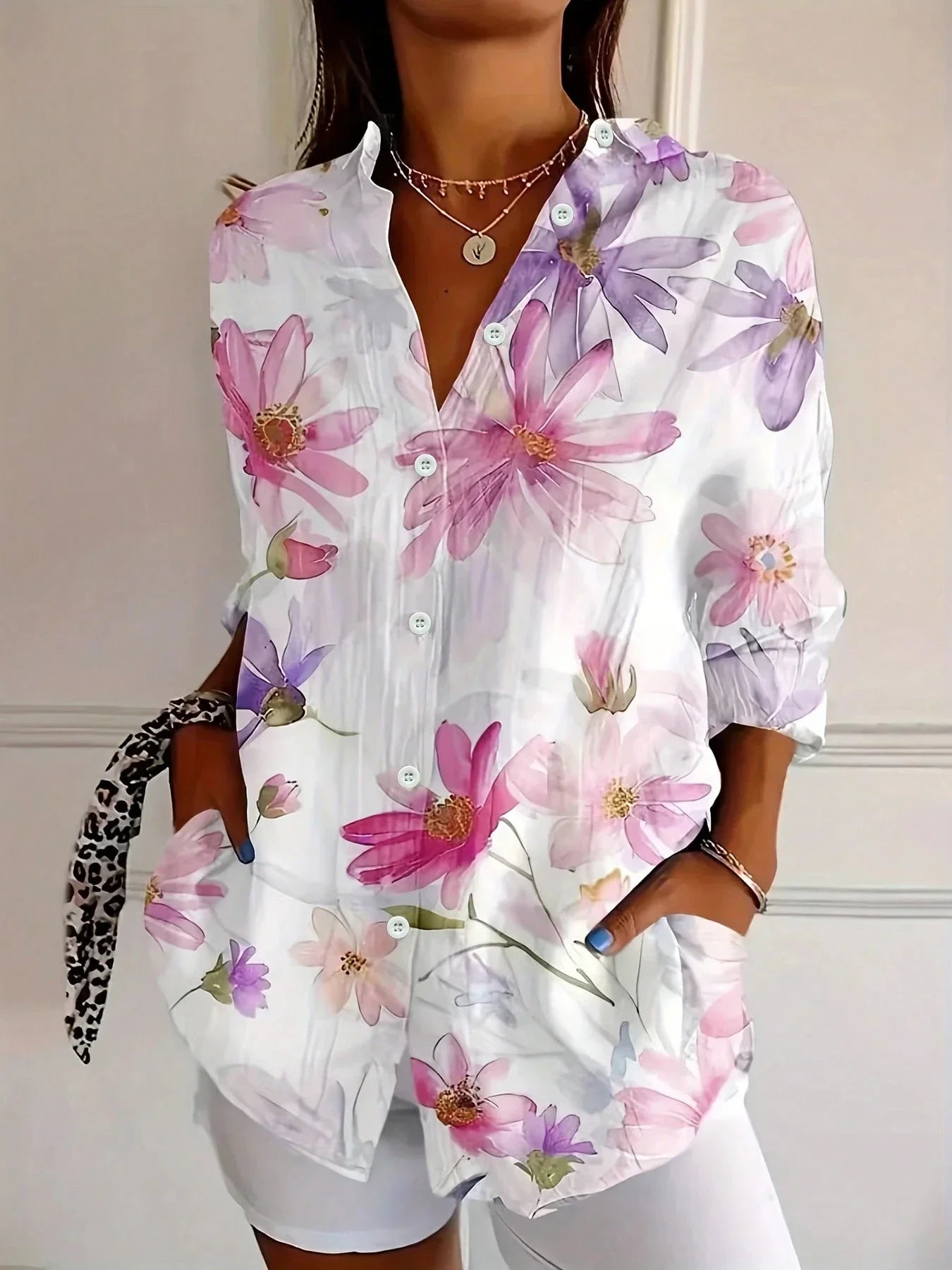 Women's Colorful Print Blouse - Playful Pattern Long Sleeve Blouse