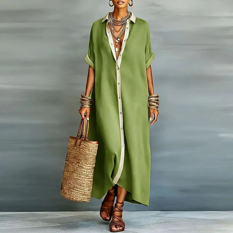 Women's Sage Linen Shirt Maxi Dress - Contrast Placket