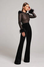 Alessia - Women's Velvet Flared Jumpsuit with Feather Cuffs