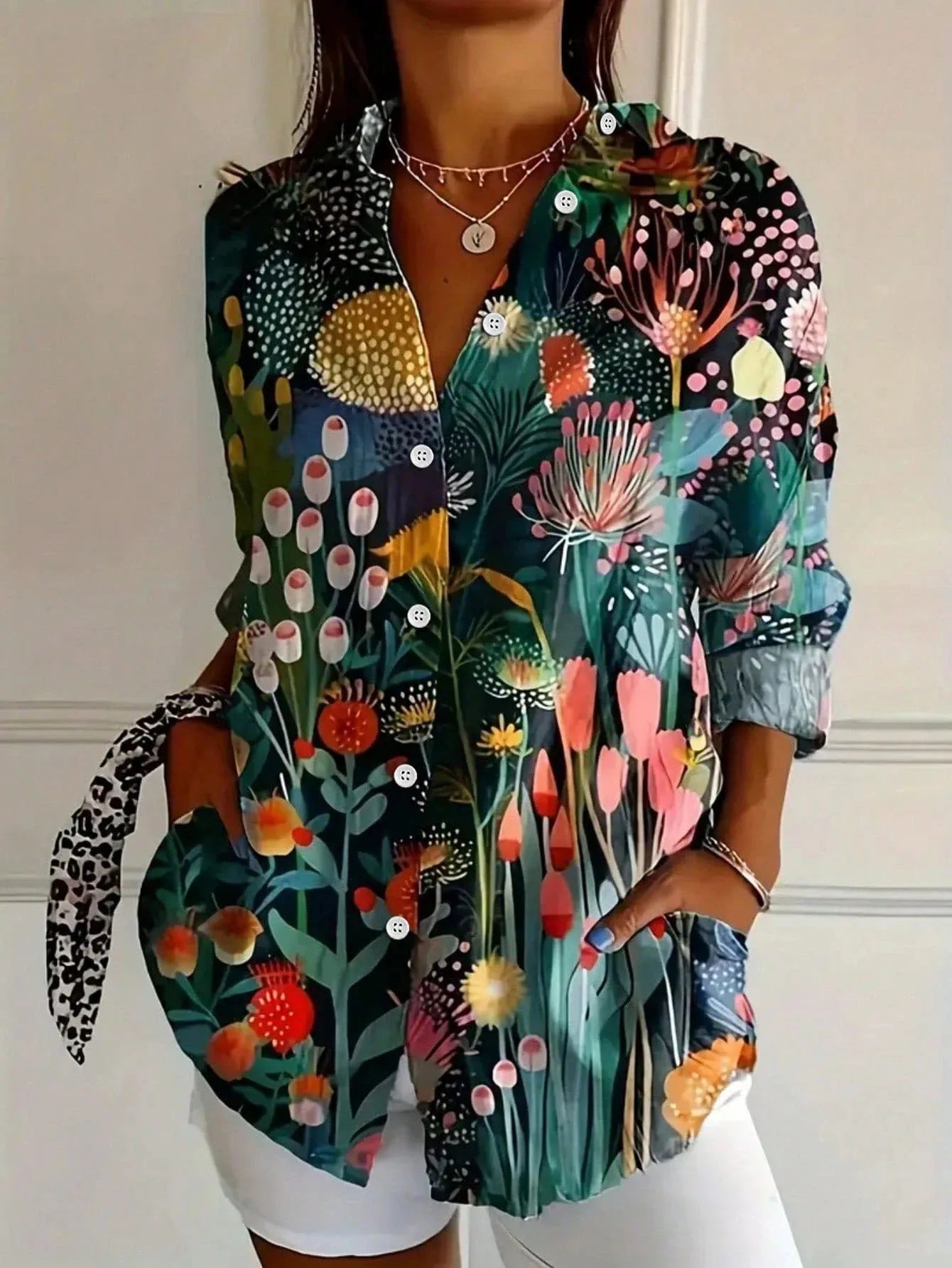 Women's Colorful Print Blouse - Playful Pattern Long Sleeve Blouse