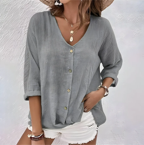 Women's Relaxed Button Up Blouse - Casual Long Sleeve Blouse