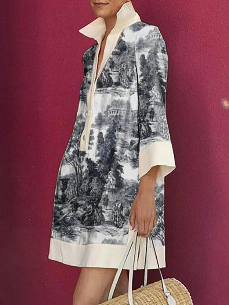 Women's Vintage Toile Print Tunic Mini Dress