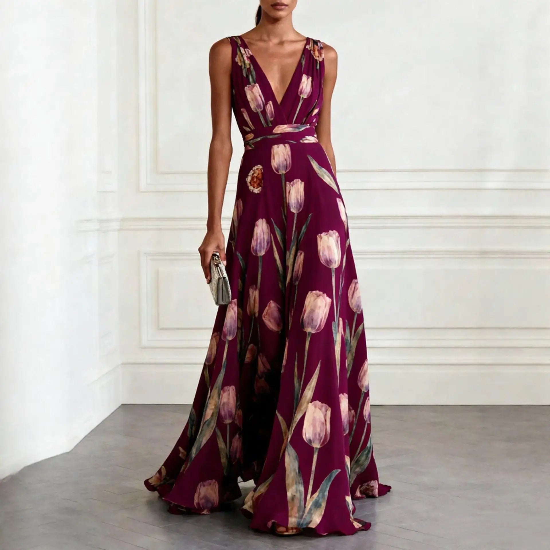 Women's Blue Tulip Print Chiffon Maxi Gown - V-Neck