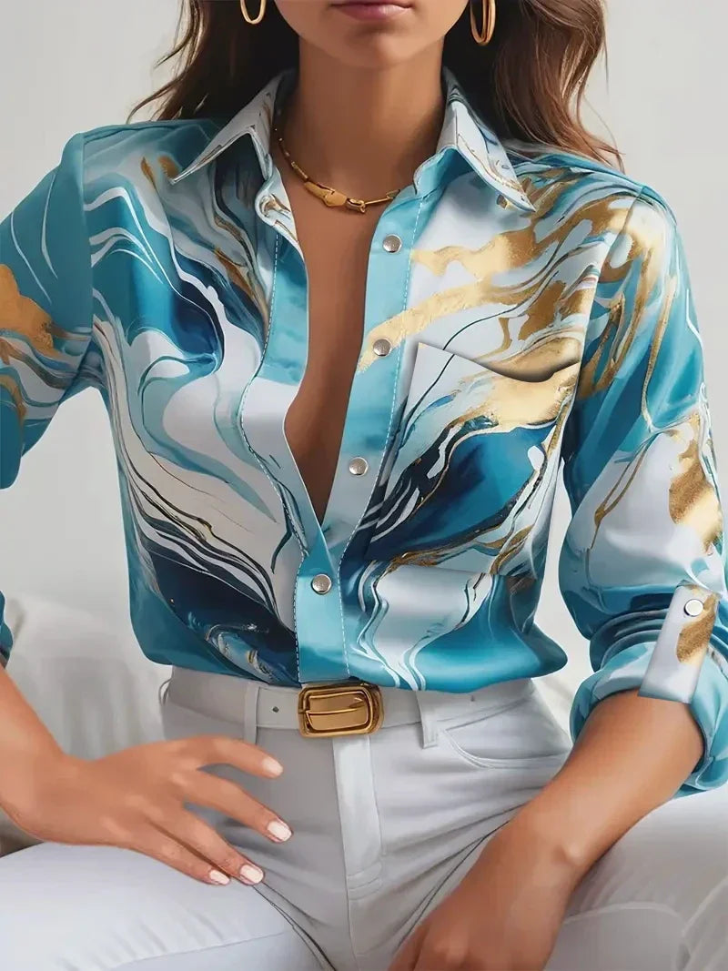 Women's Pink Marble Print Satin Shirt - Classic Collar Long Sleeve