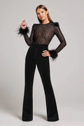 Alessia - Women's Velvet Flared Jumpsuit with Feather Cuffs