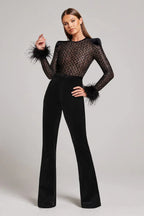 Alessia - Women's Velvet Flared Jumpsuit with Feather Cuffs