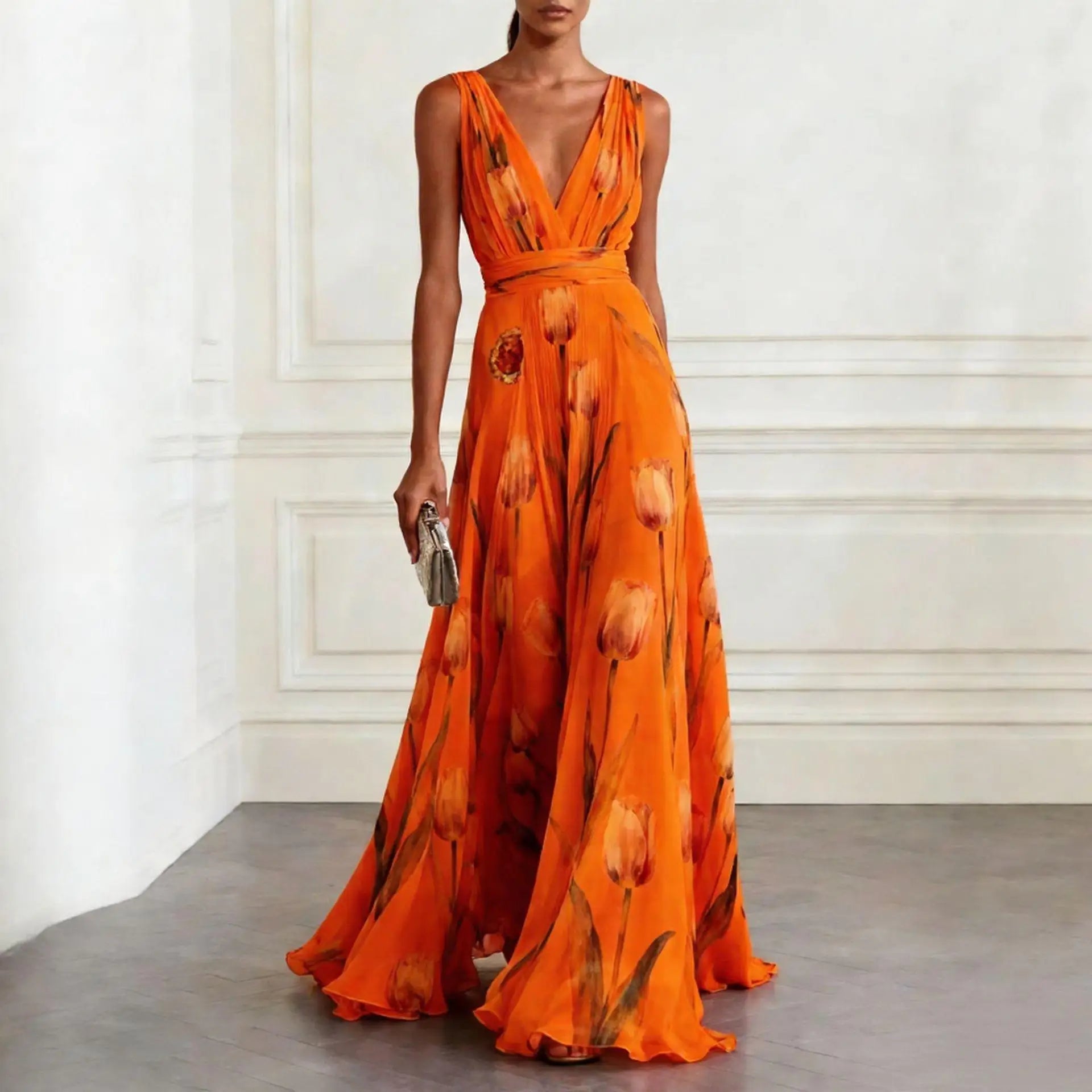 Women's Blue Tulip Print Chiffon Maxi Gown - V-Neck