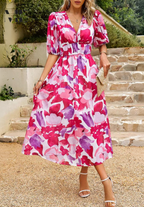 Phoebe - Women's Floral Puff Sleeve Midi Dress