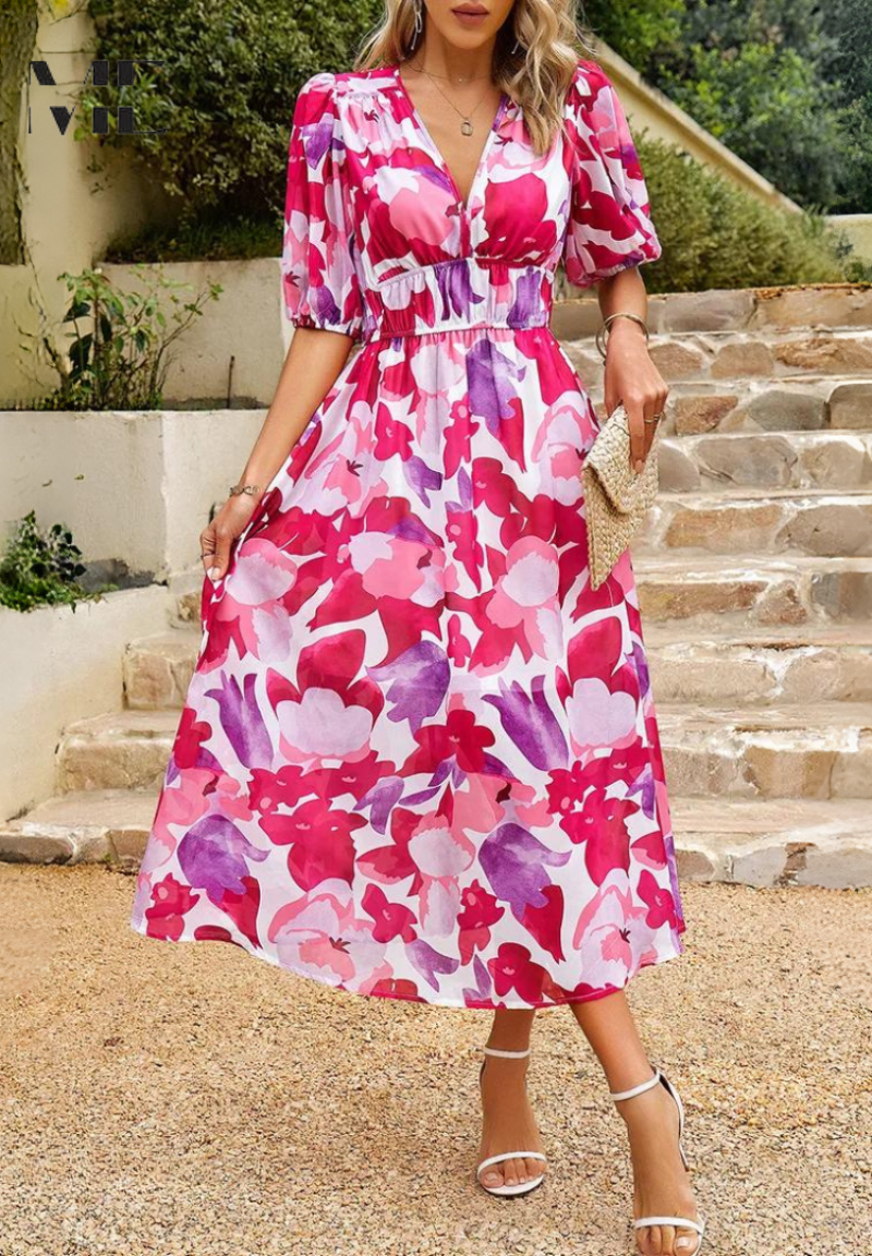 Phoebe - Women's Floral Puff Sleeve Midi Dress