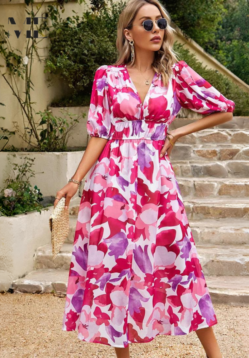 Phoebe - Women's Floral Puff Sleeve Midi Dress