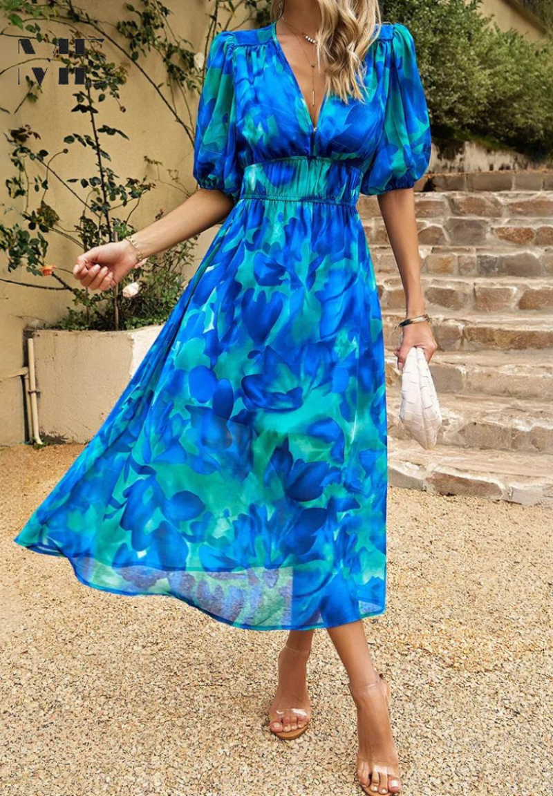 Phoebe - Women's Floral Puff Sleeve Midi Dress