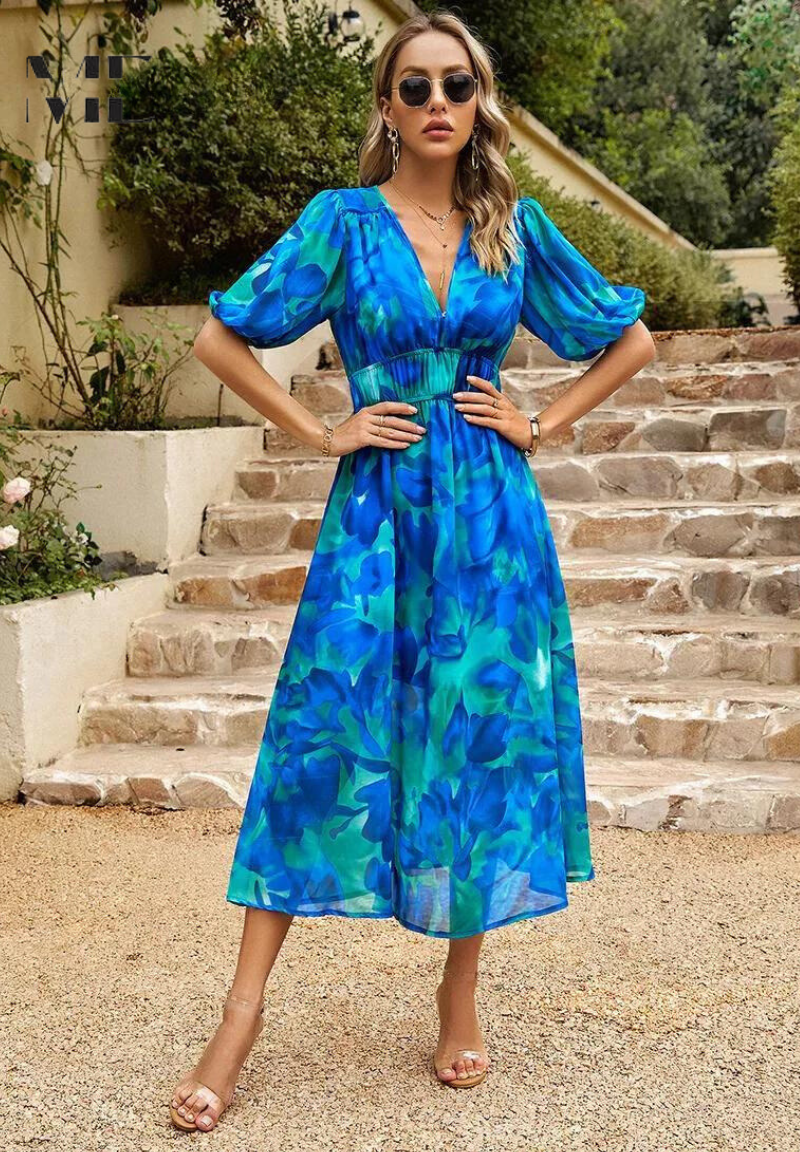 Phoebe - Women's Floral Puff Sleeve Midi Dress