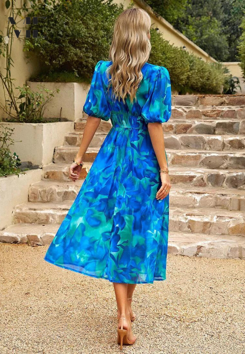 Phoebe - Women's Floral Puff Sleeve Midi Dress