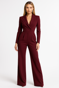 Women's Wrap-Front Blazer Jumpsuit - Burgundy Long Sleeve