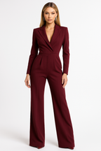 Women's Wrap-Front Blazer Jumpsuit - Burgundy Long Sleeve
