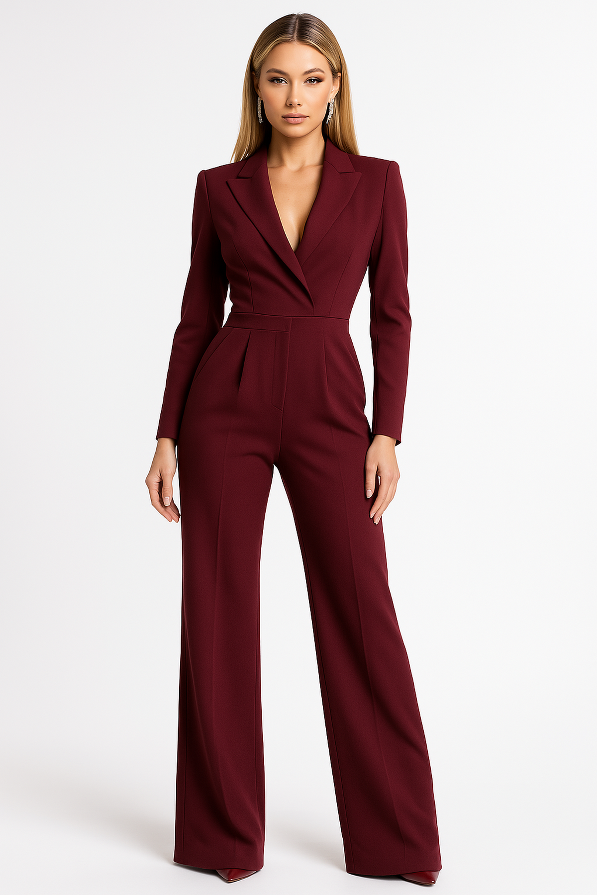 Women's Wrap-Front Blazer Jumpsuit - Burgundy Long Sleeve