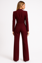 Women's Wrap-Front Blazer Jumpsuit - Burgundy Long Sleeve
