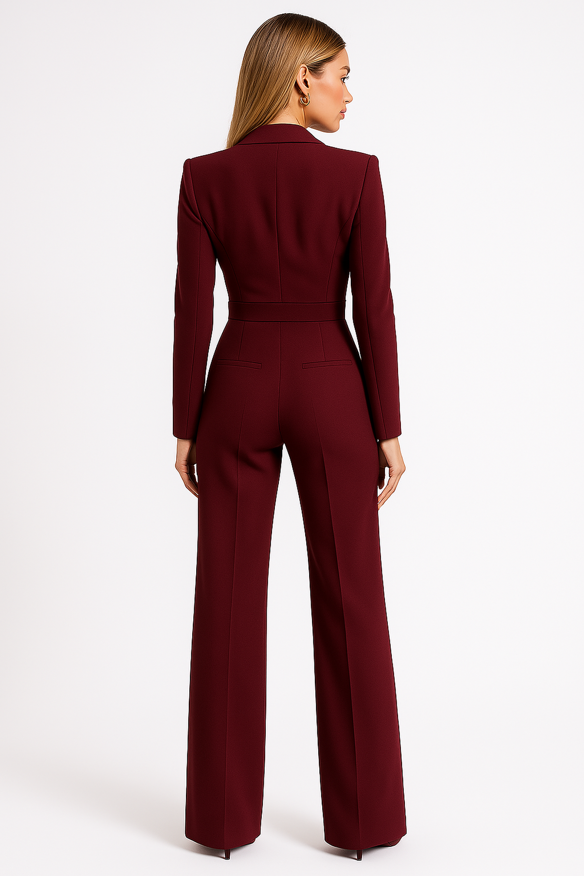 Women's Wrap-Front Blazer Jumpsuit - Burgundy Long Sleeve
