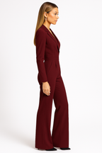 Women's Wrap-Front Blazer Jumpsuit - Burgundy Long Sleeve